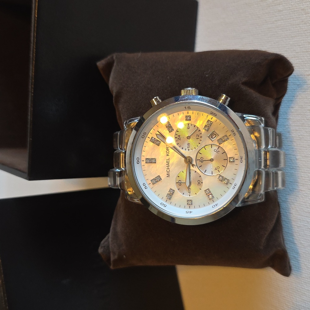 Michael Kors Silver and Clear Watch With Mother Of Pearl Face